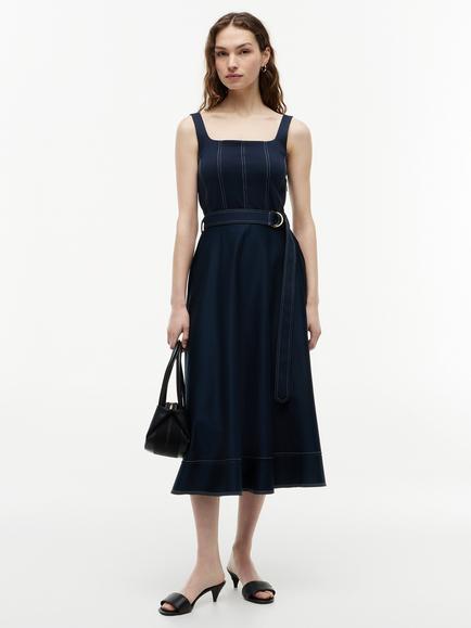 Tommy Hilfiger Square Neck Topstitch Belted Midi Dress, Blue Navy, Blue Navy