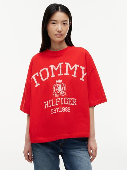 Tommy Hilfiger Crest Relaxed Oversized T-Shirt, Dark Red, Dark Red