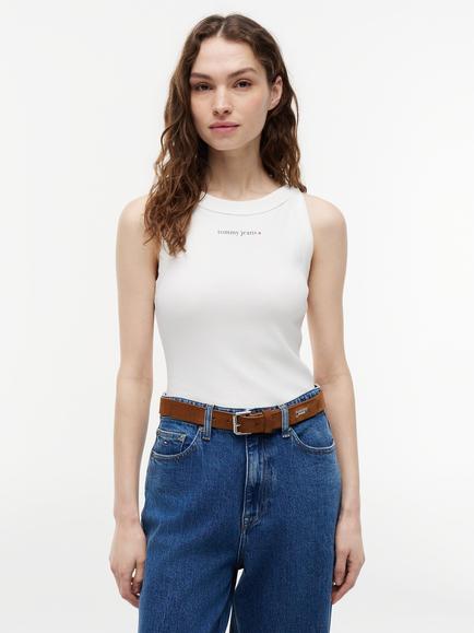 Tommy Hilfiger Logo Ribbed Slim Fit Vest Top, Natural Oatmeal, Natural Oatmeal