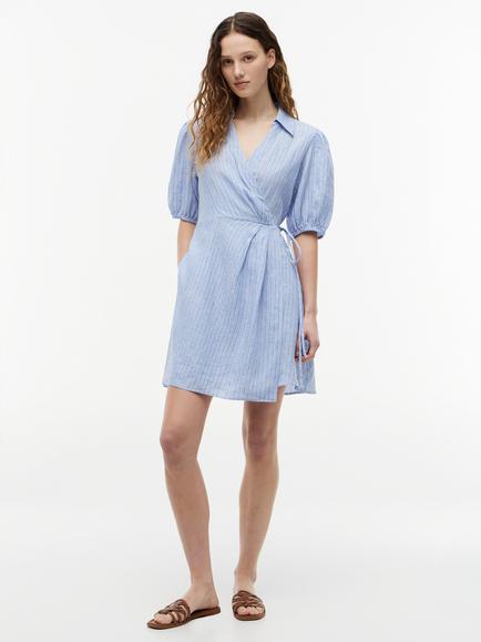 Tommy Hilfiger Stripe Pure Linen Wrap Mini Dress, Mid Blue, Mid Blue