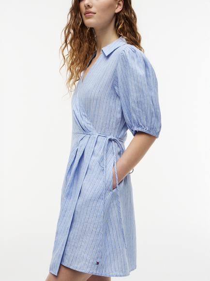 Tommy Hilfiger Stripe Pure Linen Wrap Mini Dress, Mid Blue - view 2, Mid Blue