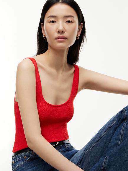 Tommy Hilfiger Scoop Neck Pointelle Knit Top, Red Dark - view 2, Red Dark