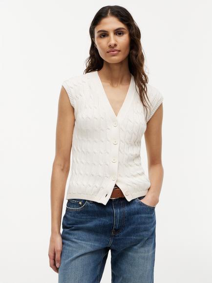 Tommy Hilfiger Cable Knit Slim Fit Sleeveless Cardigan, Natural Ivory, Natural Ivory