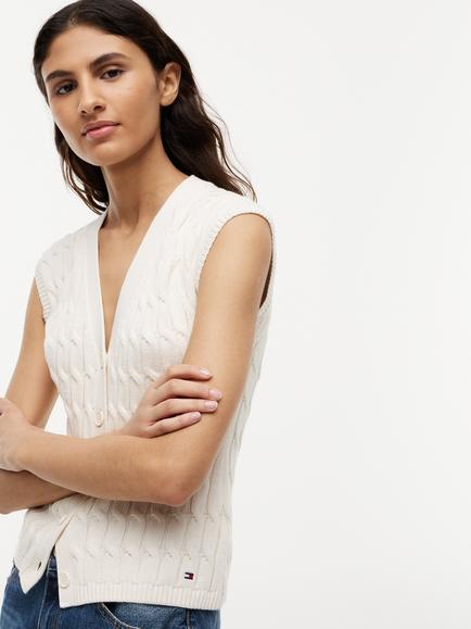Tommy Hilfiger Cable Knit Slim Fit Sleeveless Cardigan, Natural Ivory - view 2, Natural Ivory