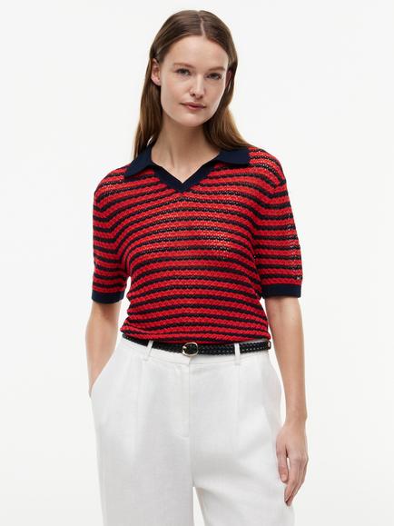 Tommy Hilfiger Stripe Pointelle Knit Polo Shirt, Navy/Red, Navy/Red