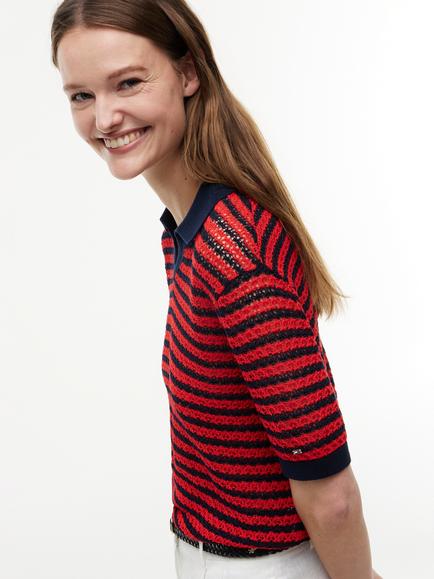 Tommy Hilfiger Stripe Pointelle Knit Polo Shirt, Navy/Red - view 2, Navy/Red
