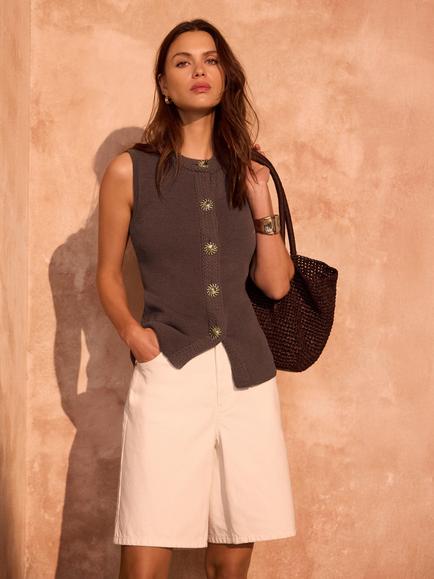 Mint Velvet Cotton Blend Sleeveless Waistcoat Top, Brown - view 2, Brown