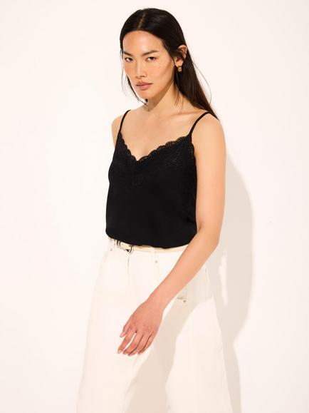 Mint Velvet V-Neck Lace Trim Cami Top, Black, Black