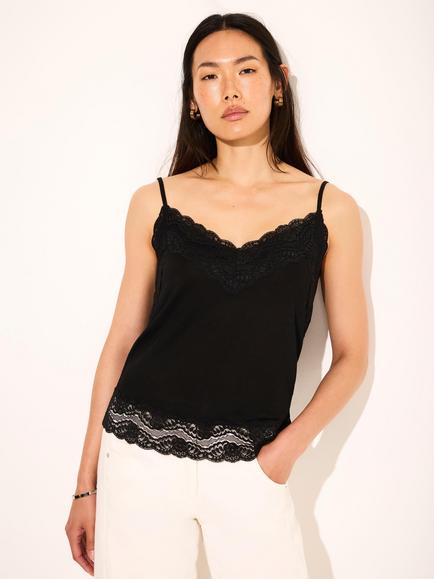 Mint Velvet V-Neck Lace Trim Cami Top, Black - view 2, Black