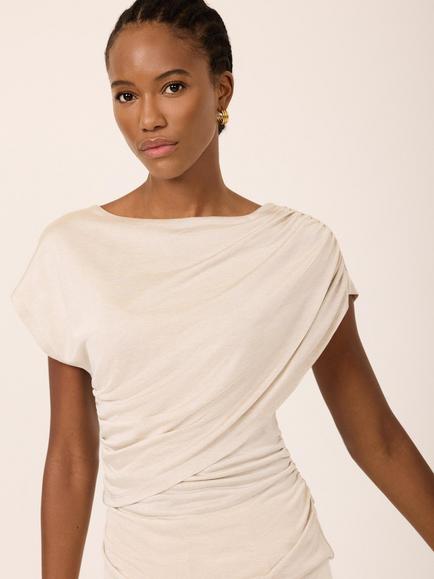 Mint Velvet Drape Cap Sleeve Top, Natural - view 2, Natural