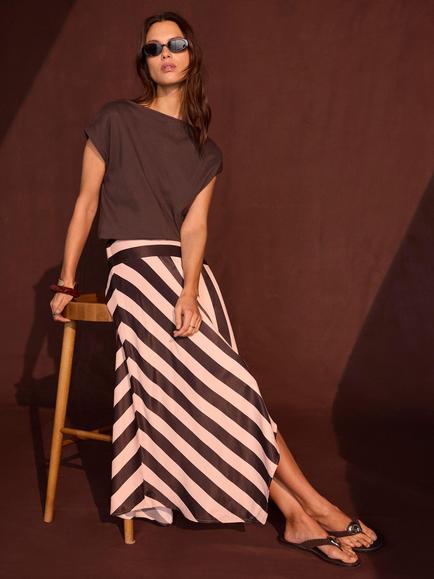 Mint Velvet Drape Striped Midi Skirt, Brown - view 2, Brown
