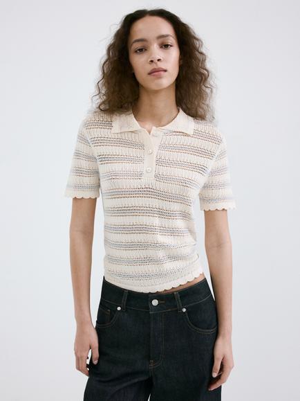 Mango Openwork Polo Collar Knit Top, Raw, Raw