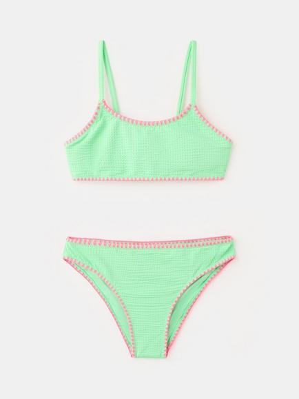 Mango Kids' Colour Block Hem Ribbed Bikini Set, Mint, Mint