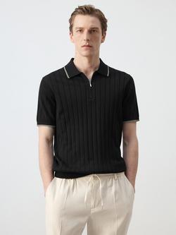 Mango Knitted Cotton Polo Shirt, Black, Black