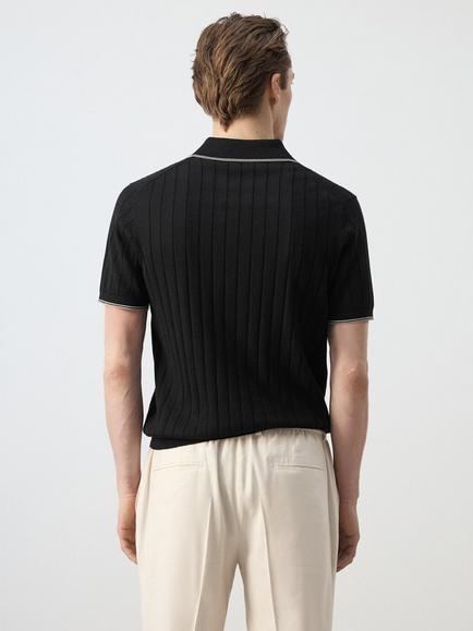 Mango Knitted Cotton Polo Shirt, Black - view 2, Black