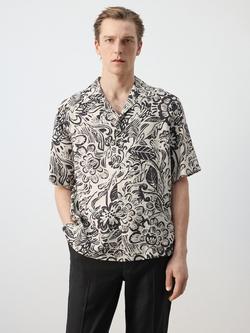 Mango Printed Button Through Short Sleeve Shirt, Beige, Beige