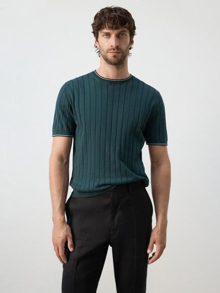 Mango Short Sleeve Crew Neck Ribbed Cotton Knit Top, Moss