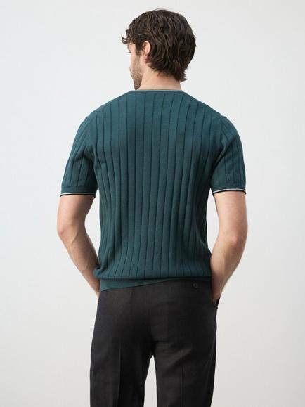 Mango Short Sleeve Crew Neck Ribbed Cotton Knit Top - view 2, Moss