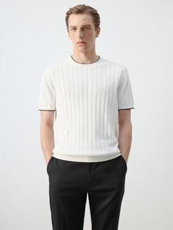 Mango Short Sleeve Crew Neck Ribbed Cotton Knit Top, Off White