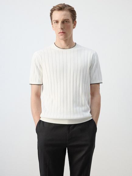 Mango Short Sleeve Crew Neck Ribbed Cotton Knit Top, Off White