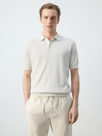 Mango Short Sleeve Ribbed Cotton Blend Polo Shirt, Sand