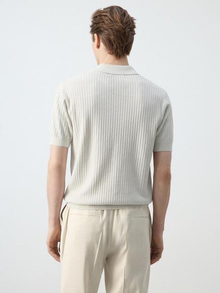 Mango Short Sleeve Ribbed Cotton Blend Polo Shirt - view 2, Sand