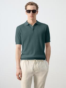 Mango Short Sleeve Ribbed Cotton Blend Polo Shirt, Moss