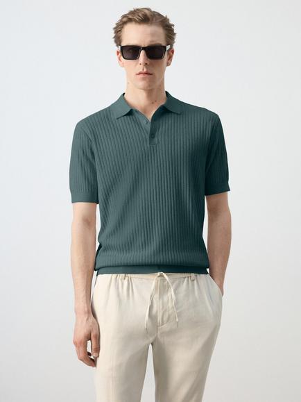 Mango Short Sleeve Ribbed Cotton Blend Polo Shirt, Moss