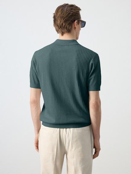 Mango Short Sleeve Ribbed Cotton Blend Polo Shirt - view 2, Moss