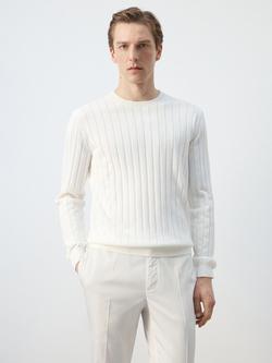Mango Crew Neck Ribbed Cotton Knit Jumper, Off White, Off White