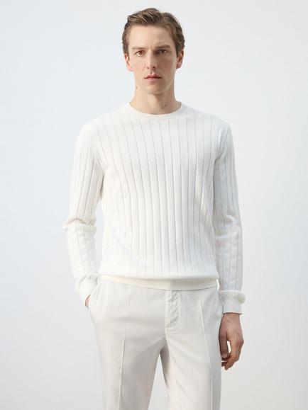 Mango Crew Neck Ribbed Cotton Knit Jumper, Off White, Off White