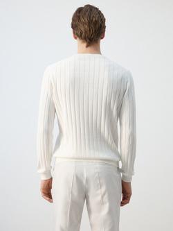 Mango Crew Neck Ribbed Cotton Knit Jumper, Off White - view 2, Off White