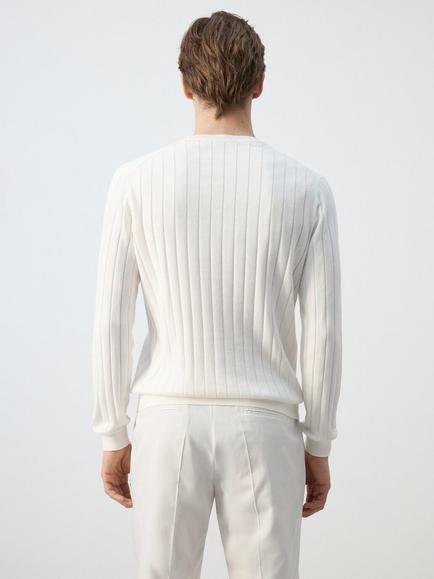 Mango Crew Neck Ribbed Cotton Knit Jumper, Off White - view 2, Off White