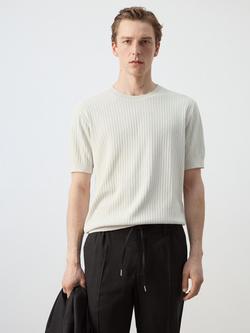 Mango Short Sleeve Crew Neck Ribbed Cotton Blend Knit Top, Sand, Sand