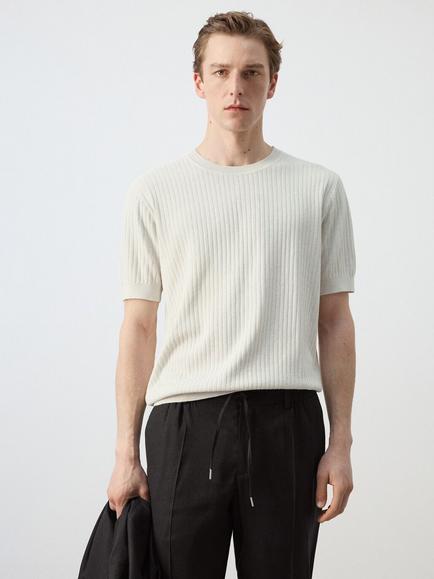 Mango Short Sleeve Crew Neck Ribbed Cotton Blend Knit Top, Sand, Sand