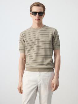 Mango Striped Cotton Knit T-Shirt, Beige, Beige