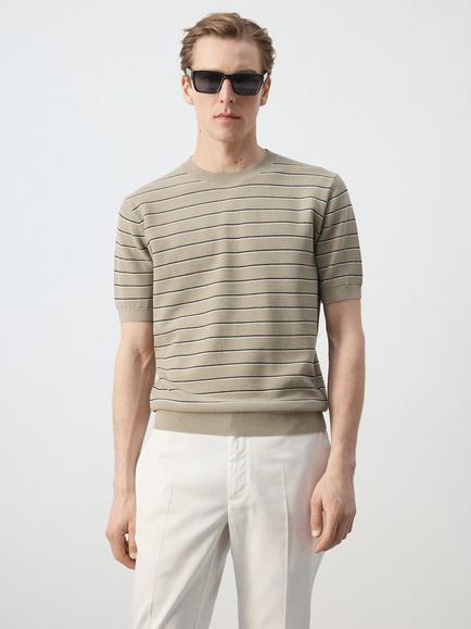 Mango Striped Cotton Knit T-Shirt, Beige, Beige