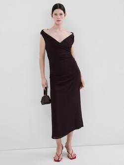 Mango Vestido Off Shoulder Ruched Midi Dress, Brown, Brown