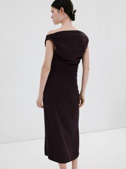 Mango Vestido Off Shoulder Ruched Midi Dress, Brown - view 2, Brown