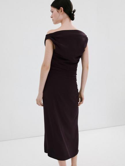 Mango Vestido Off Shoulder Ruched Midi Dress, Brown - view 2, Brown