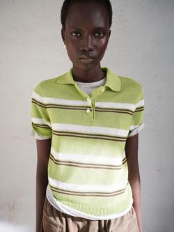 Mango Short Sleeve Striped Knit Polo Shirt, Green, Green