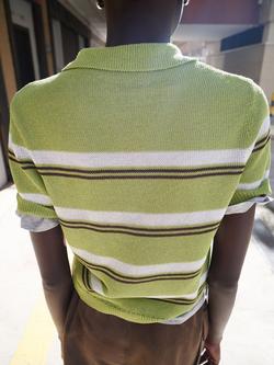 Mango Short Sleeve Striped Knit Polo Shirt, Green - view 2, Green
