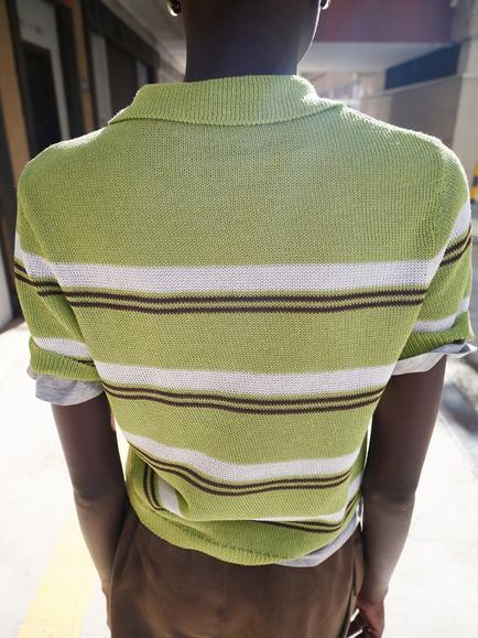 Mango Short Sleeve Striped Knit Polo Shirt, Green - view 2, Green