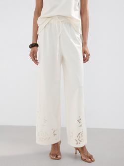 Mango Embroidered Palazzo Trousers, Off White, Off White