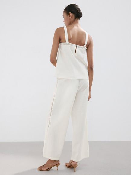 Mango Embroidered Palazzo Trousers, Off White - view 2, Off White