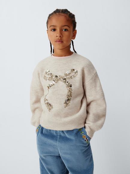 John Lewis Kids' Sequinned Bow Jumper, Cream, Cream