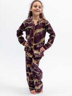 Minijammies Kids' Leopard Print Long Sleeve Pyjama Set, Plum/Multi, Plum/Multi