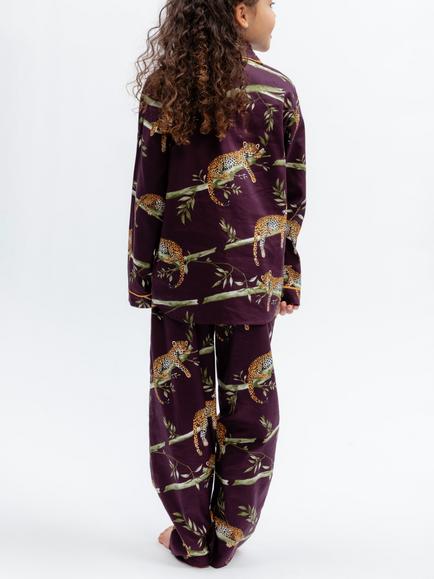 Minijammies Kids' Leopard Print Long Sleeve Pyjama Set, Plum/Multi - view 2, Plum/Multi