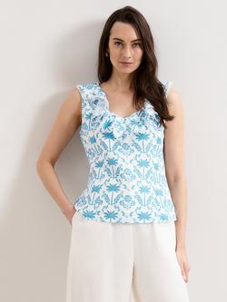 Phase Eight Rhona Linen Blend Floral Frill Blouse, Blue, Blue