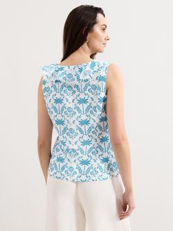 Phase Eight Rhona Linen Blend Floral Frill Blouse, Blue - view 2, Blue